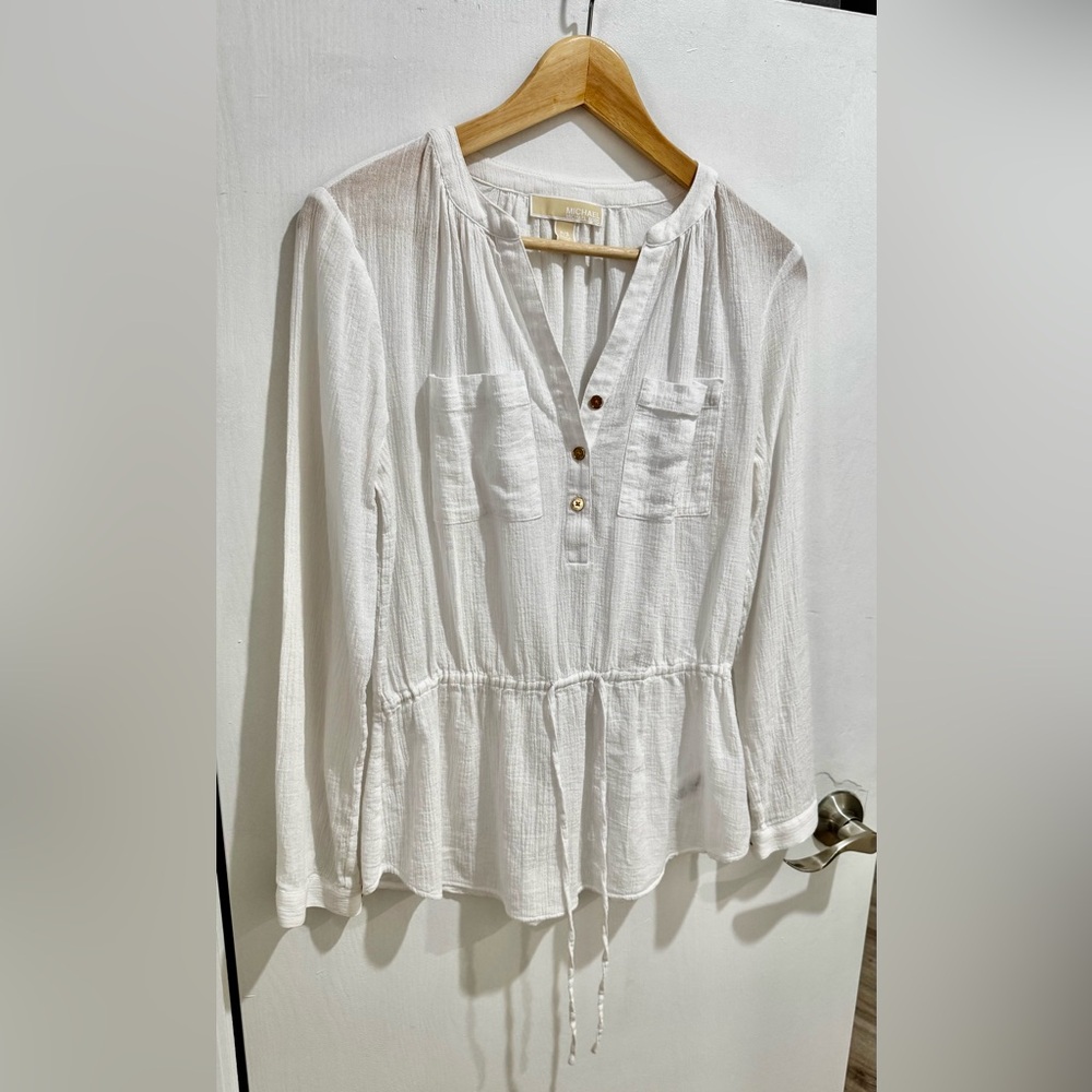Michael Kors White Long-Sleeve Peplum Tunic with Gold Buttons